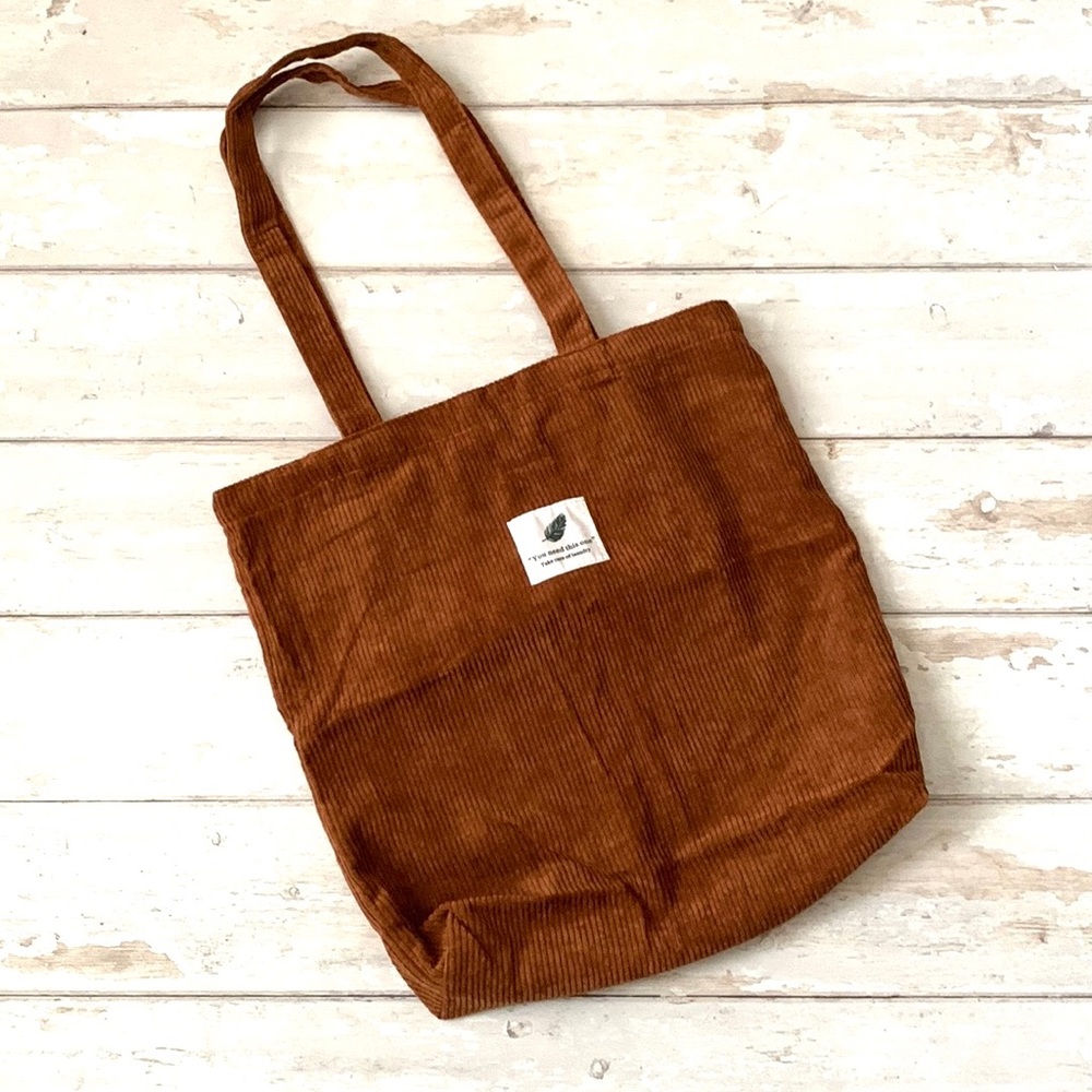 Corduroy Tote Bag Ribbed Brown 100% Cotton Eco Reusable Purse Womens 14in x 14in